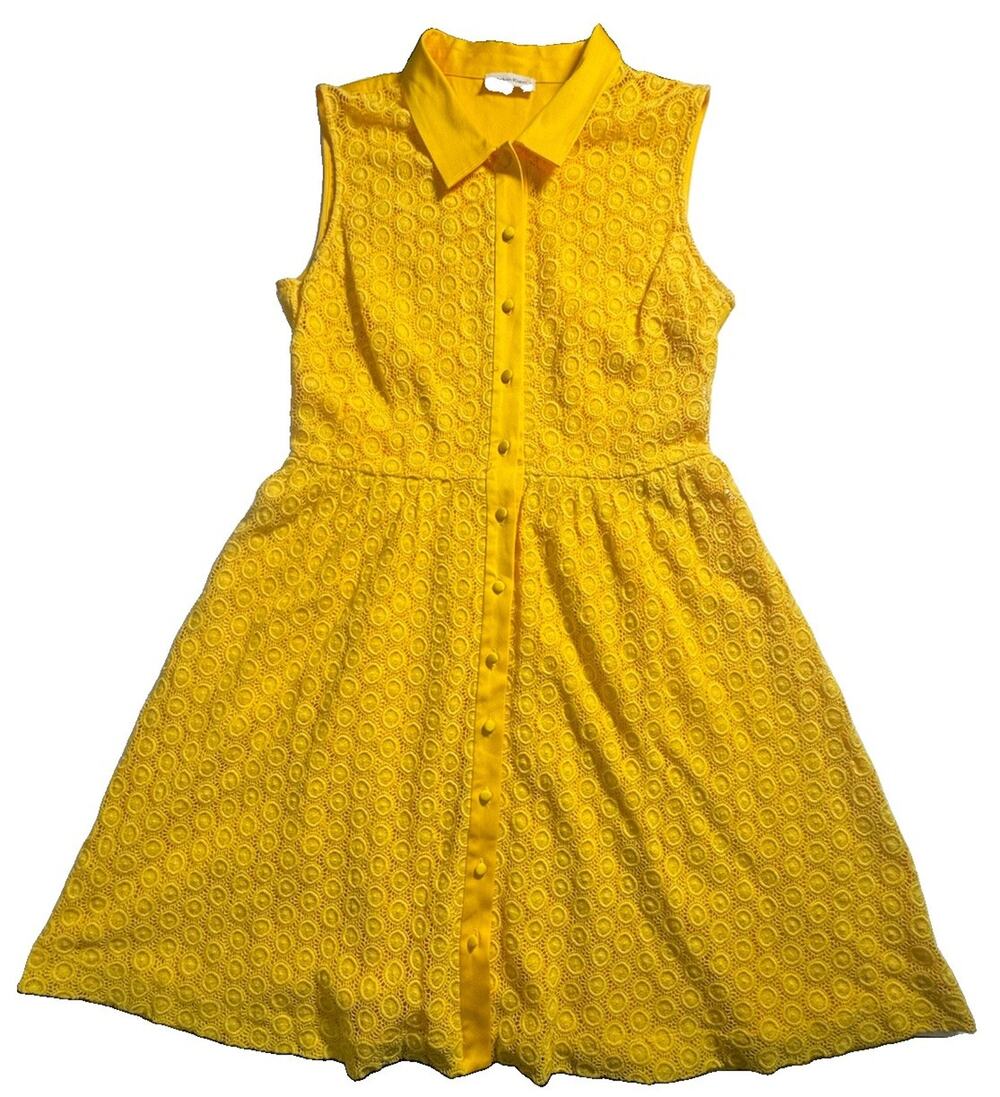 Calvin Klein Women Yellow Eyelet Lace Shirt Dress Sleeveless Fit Flare Sz 4?